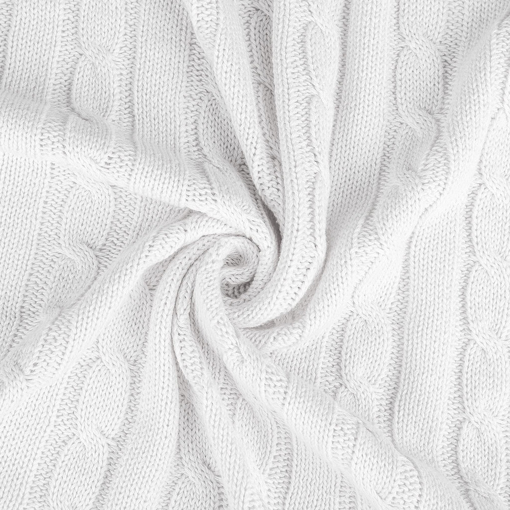 100% Cotton Throw Blanket, Cable Knitted White 50x60