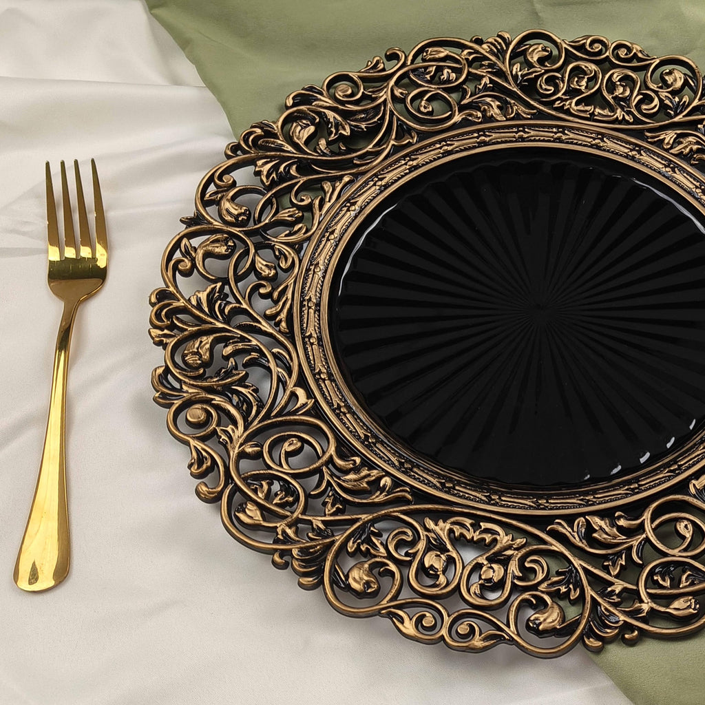 13inch Round Plastic Charger Plates, Set of 8, Charger Plates for Dinner, Wedding, Party, Event Decoration. (Black gold