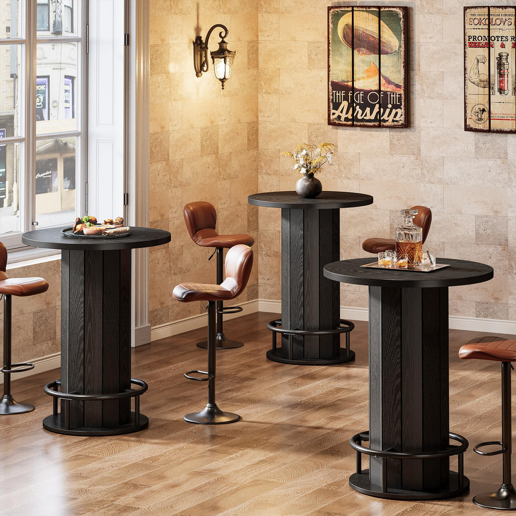 Round Bar Table, 39.4" H Wood Bistro Pub Table with Metal Ring Footrest for Dining Coffee Cocktail Living Room, Small