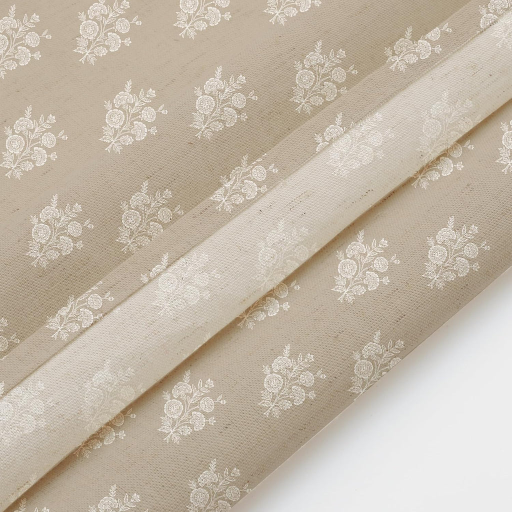 Beige Linen Textured Ruffle Shower Curtain - Vintage Floral Block Print,Boho Cottagecore Farmhouse French Country