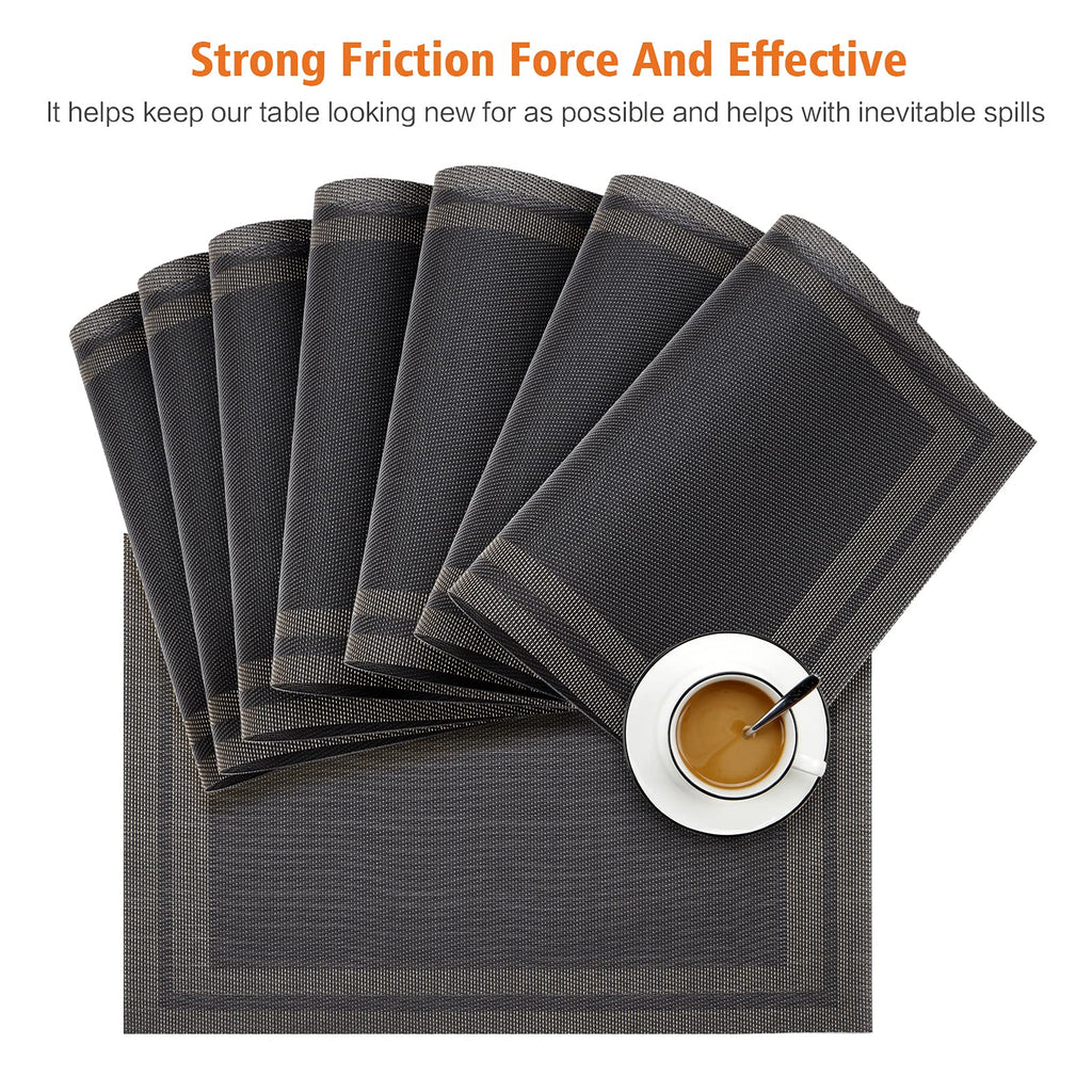 Placemats Set of 8, Vinyl Woven Black Non Slip Table Mats