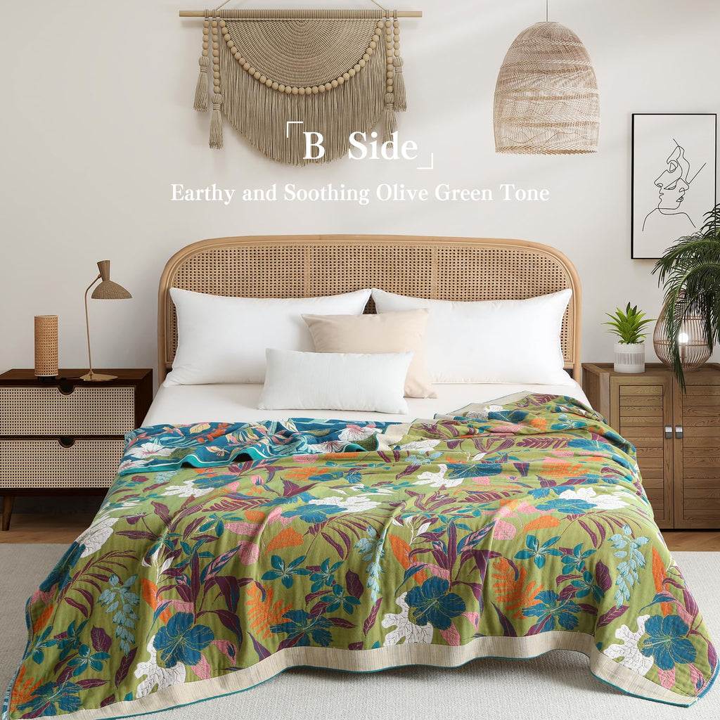 Boho Throw Blanket Twin Size, Soft Cozy Cotton Muslin Quilt Blanket for Bed Decor, Floral Patterned Couch Sofa Chair