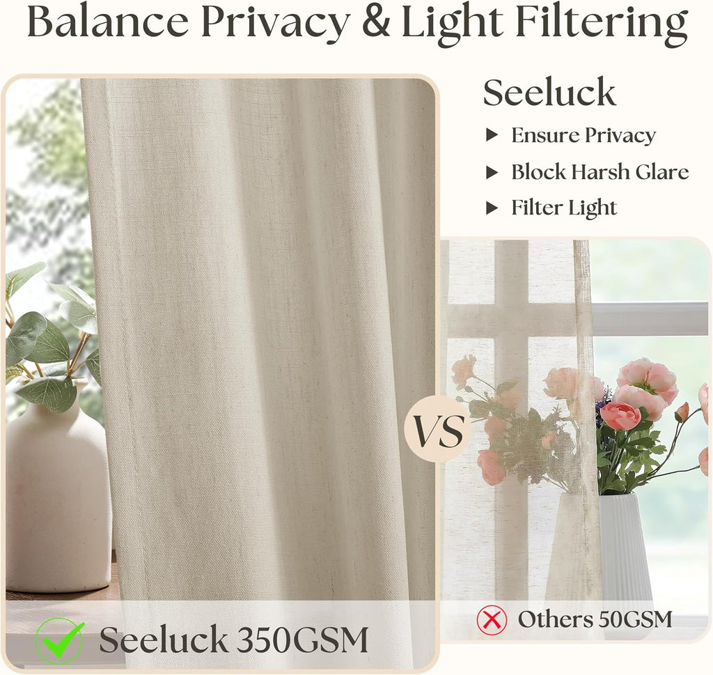 Neutral Linen Curtains 102 Inch Long Pinch Pleated 2 Panels for Living Room Light Filtering Semi Sheer Pinch Pleat