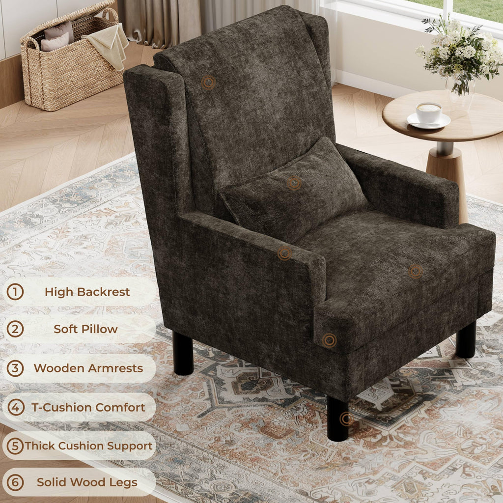 Wingback Accent Chair, Mid-Century Modern Reading Chair, Modern Chenille Upholstered Comfy Armchair with High Back
