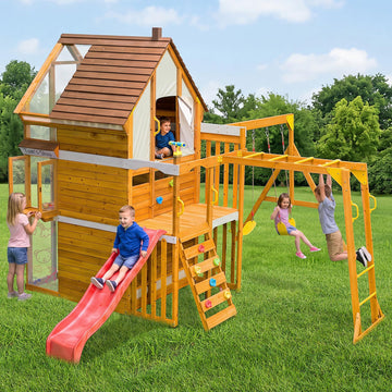Wooden Playground Sets for Backyards - Swing set with Two-Level clubhouse