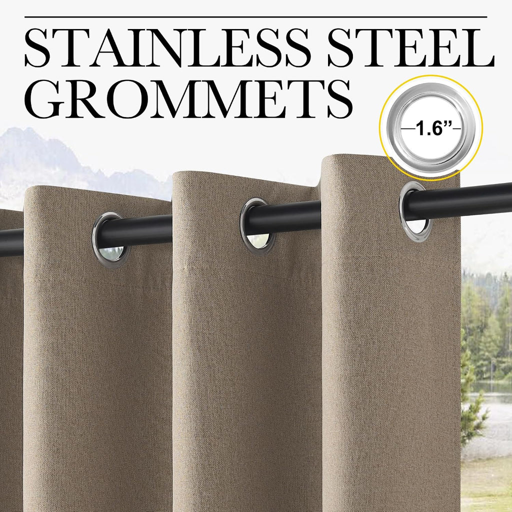 Outdoor Curtains Waterproof, Thermal Insulated Linen Textured 100% Blackout Outside Drapes for Gazebo, Privacy Sun