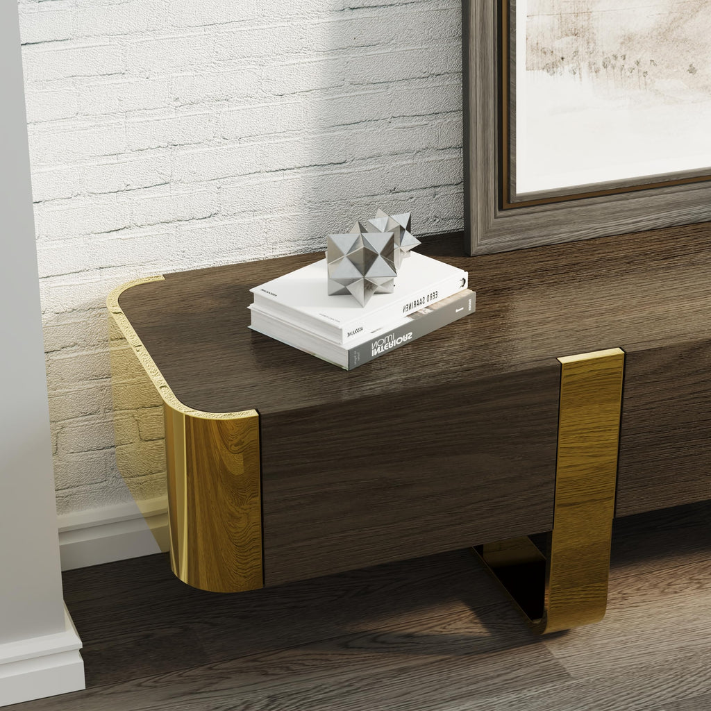 Walnut and Gold TV Stand, 79" TV Entertainment Center with 2 Hidden Storage Drawers and Cabinets, Media Console with