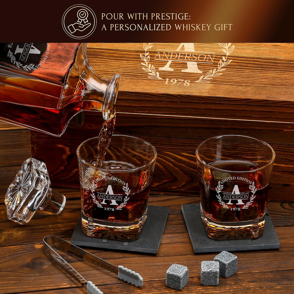 Personalized Old Fashioned Whiskey Decanter and Stones Set - Set of 18