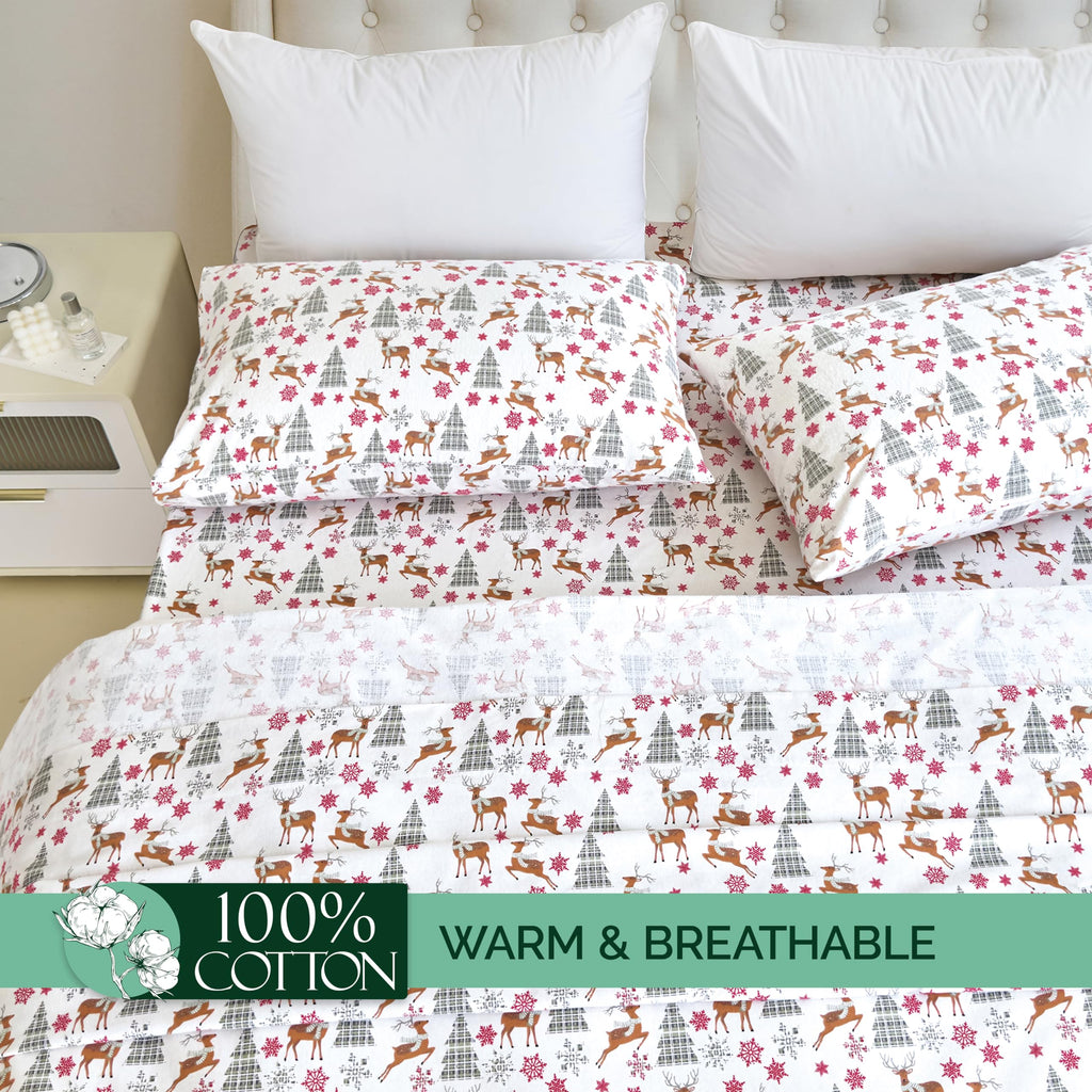 Holiday Christmas Flannel Sheet Set, Twin, Plaid Deer