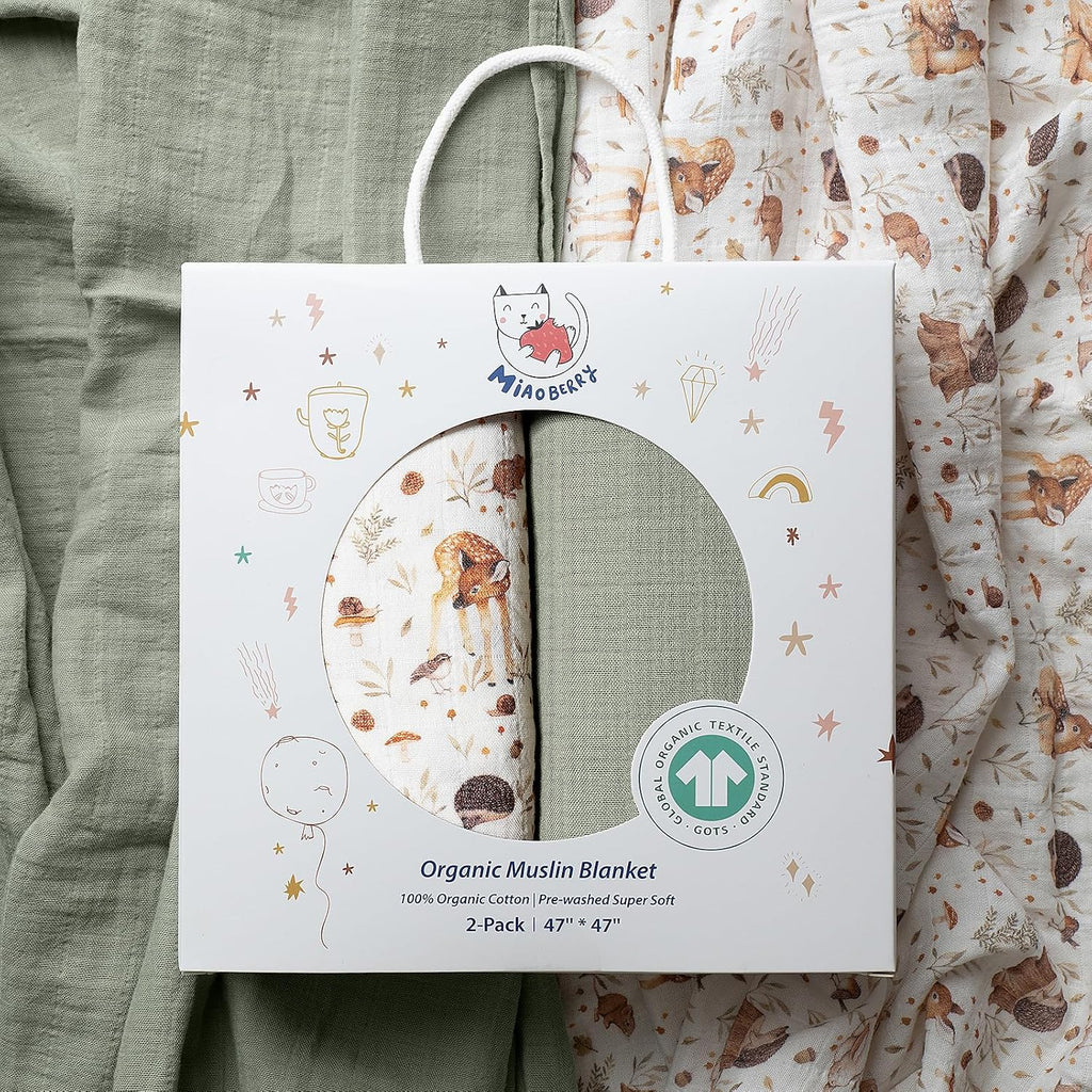 Certified Organic Muslin Swaddle Blankets, 2 Pack Baby Receiving Blankets, Soft Breathable Cotton Swaddles