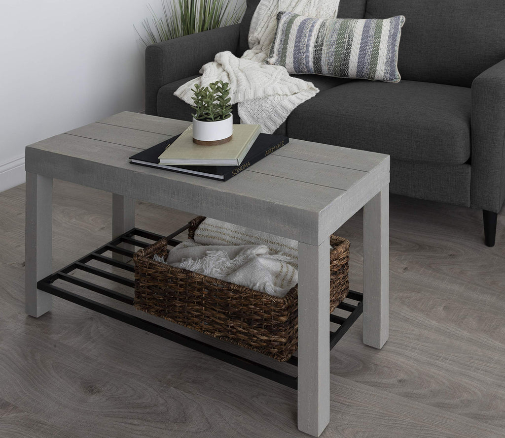 Jeran Rustic Farmhouse Bench with Iron Shoe Shelf, 36" x 14" x 20", Gray, Chic Entry Bench for Decor or Storage