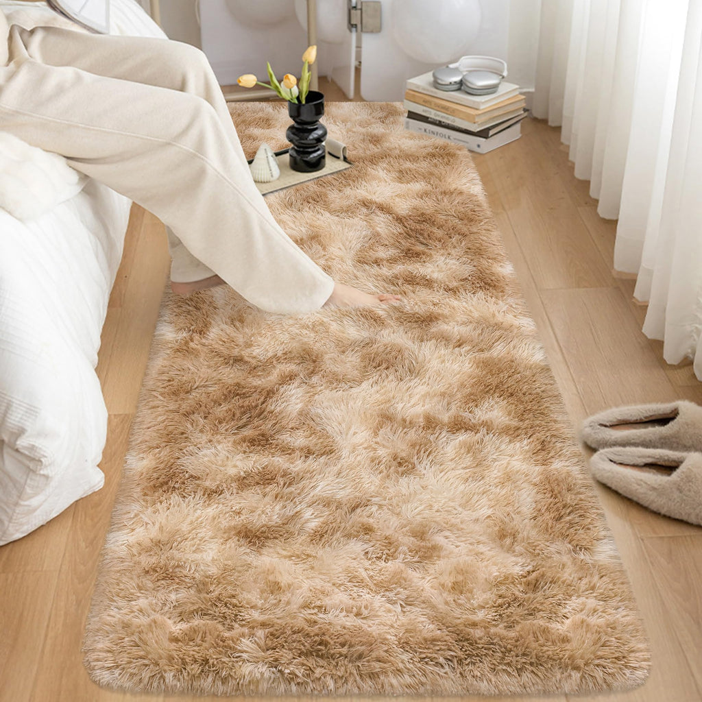 Plush Tie Dyed Light Brown Runner Rug, Soft Fluffy Rug