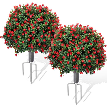 Artificial Flowers Boxwood Topiary Ball Bush with Red Rose for Outdoor, 26.8" Fake Trees Plants with Ground Spike, UV