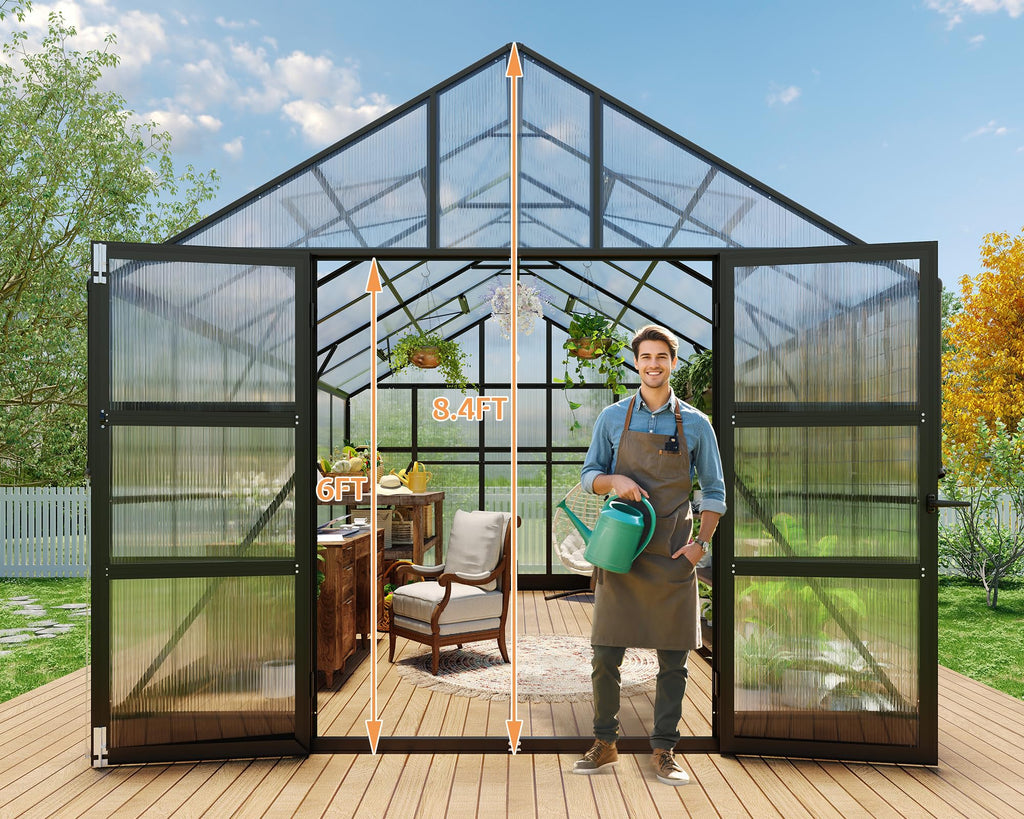 10x12x8.4 FT Polycarbonate Greenhouse with 4 Vent Windows
