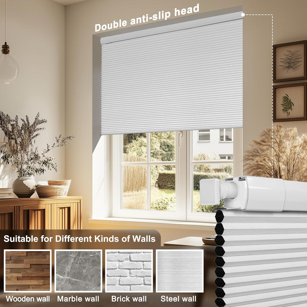 No Drill No Tools Blackout Cellular Shades,White | No Tools Honeycomb Blinds for Indoor Windows.Easy to