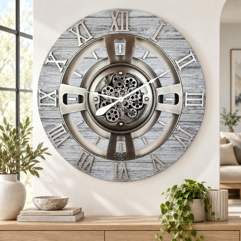 Real Moving Gear Wall Clock England Line (Silver Grey, 24 inches (60 cm))