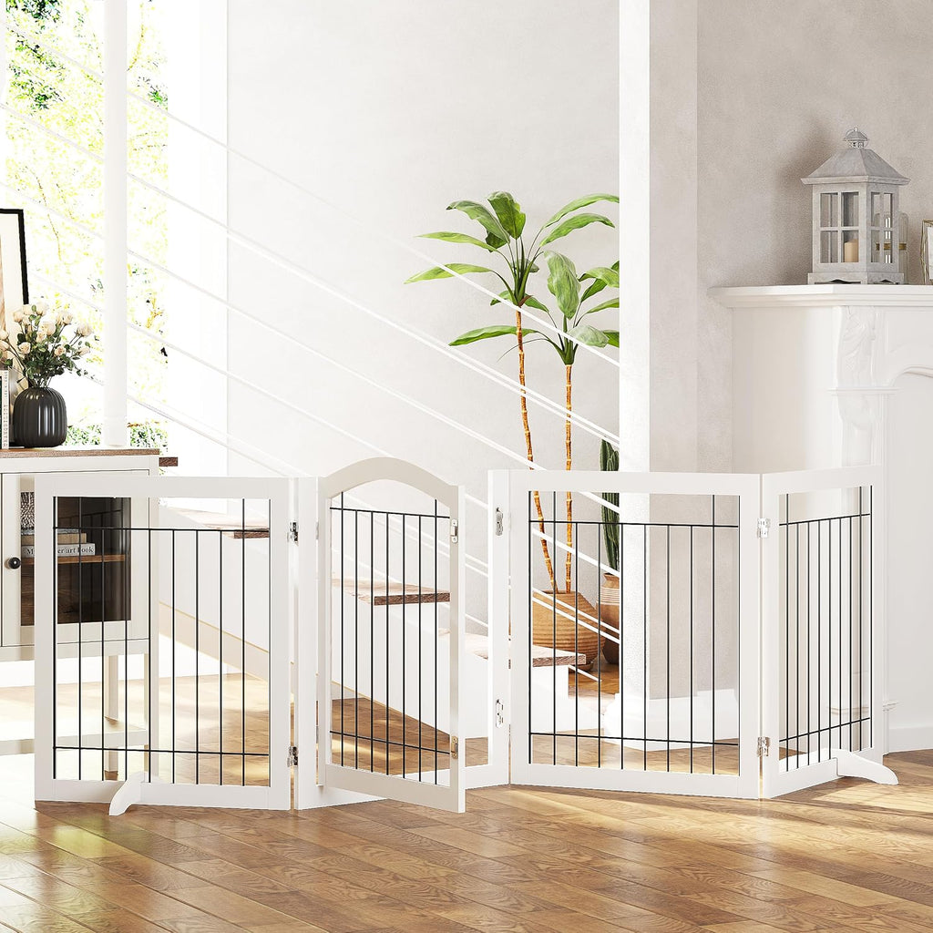 Pet Gate-Freestanding Dog Gate Indoor with Door, 96" Wide, 30" Tall