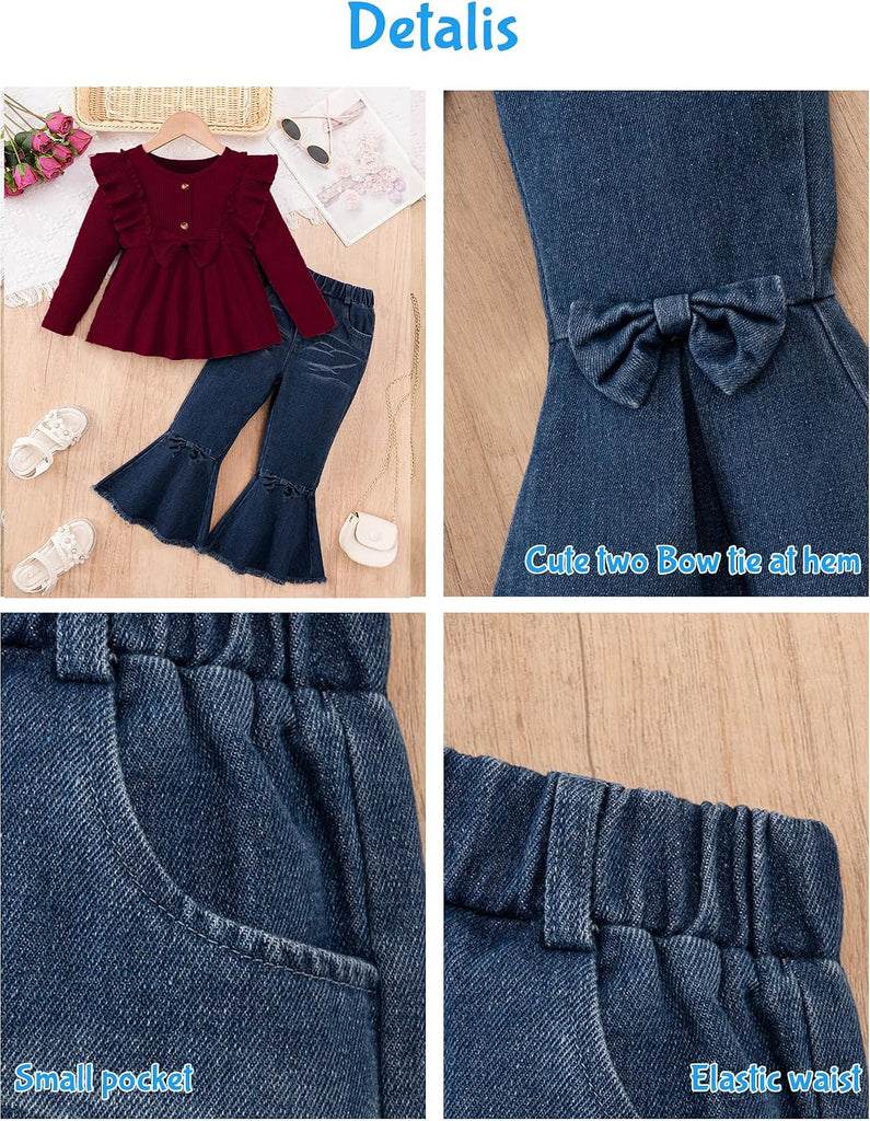 Toddler Girl Clothes Solid Color Ruffle Bowtie Top and Flare Pants 2Pcs Winter Fall Girl Outfits