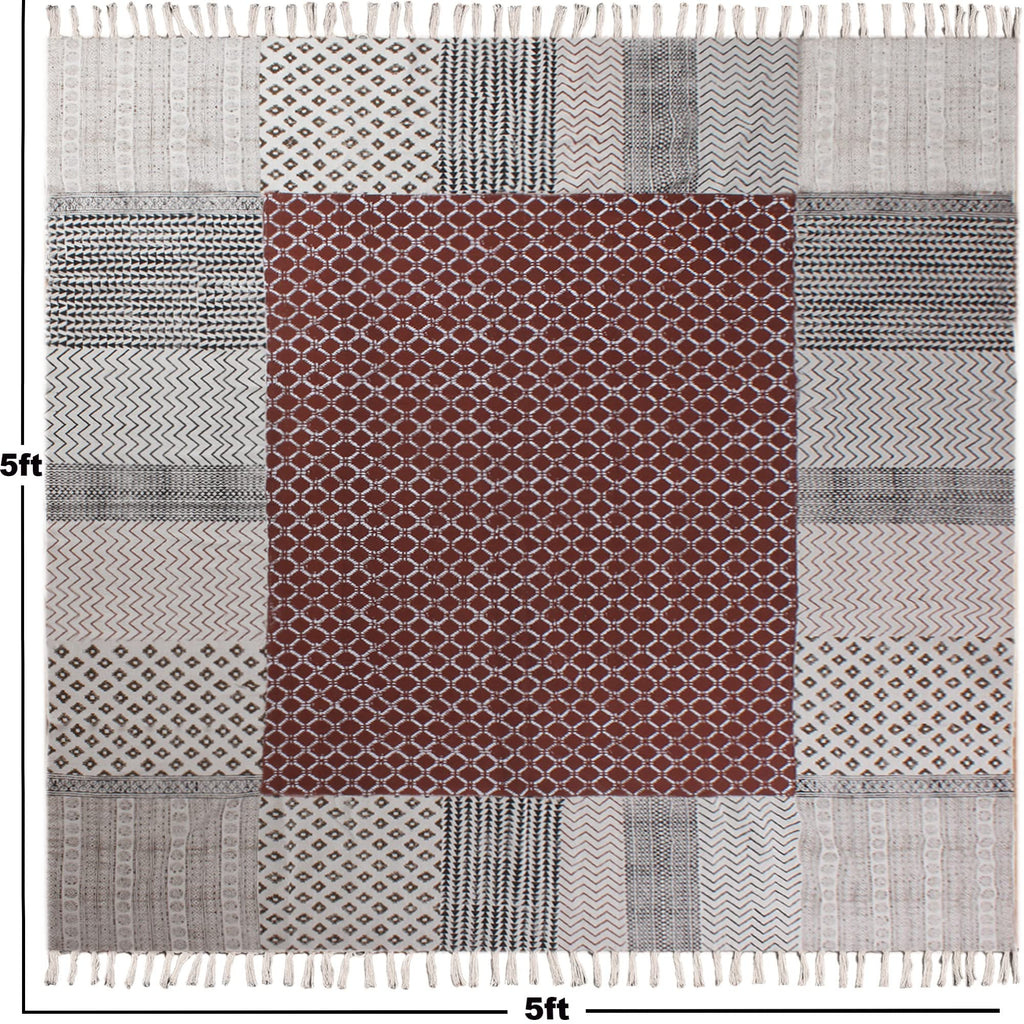 Area Rug 3x5 Kilim Rug Brown & Beige Cotton Dhurrie Geometric Design 0.19 inches Stone Easy Washable Rug Hand Wash