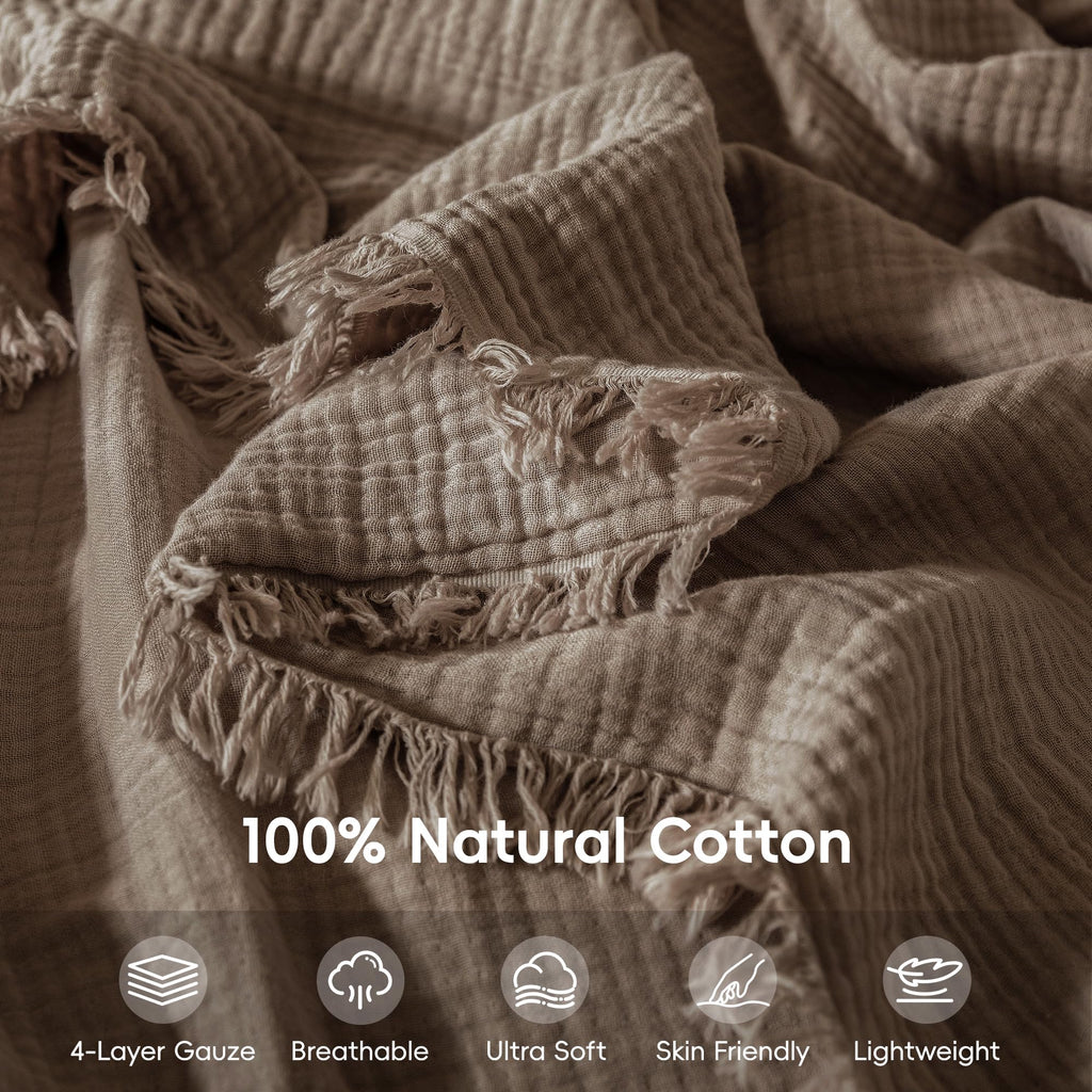 Muslin Fringe Blankets for Adults: 100% Cotton Cloud Soft