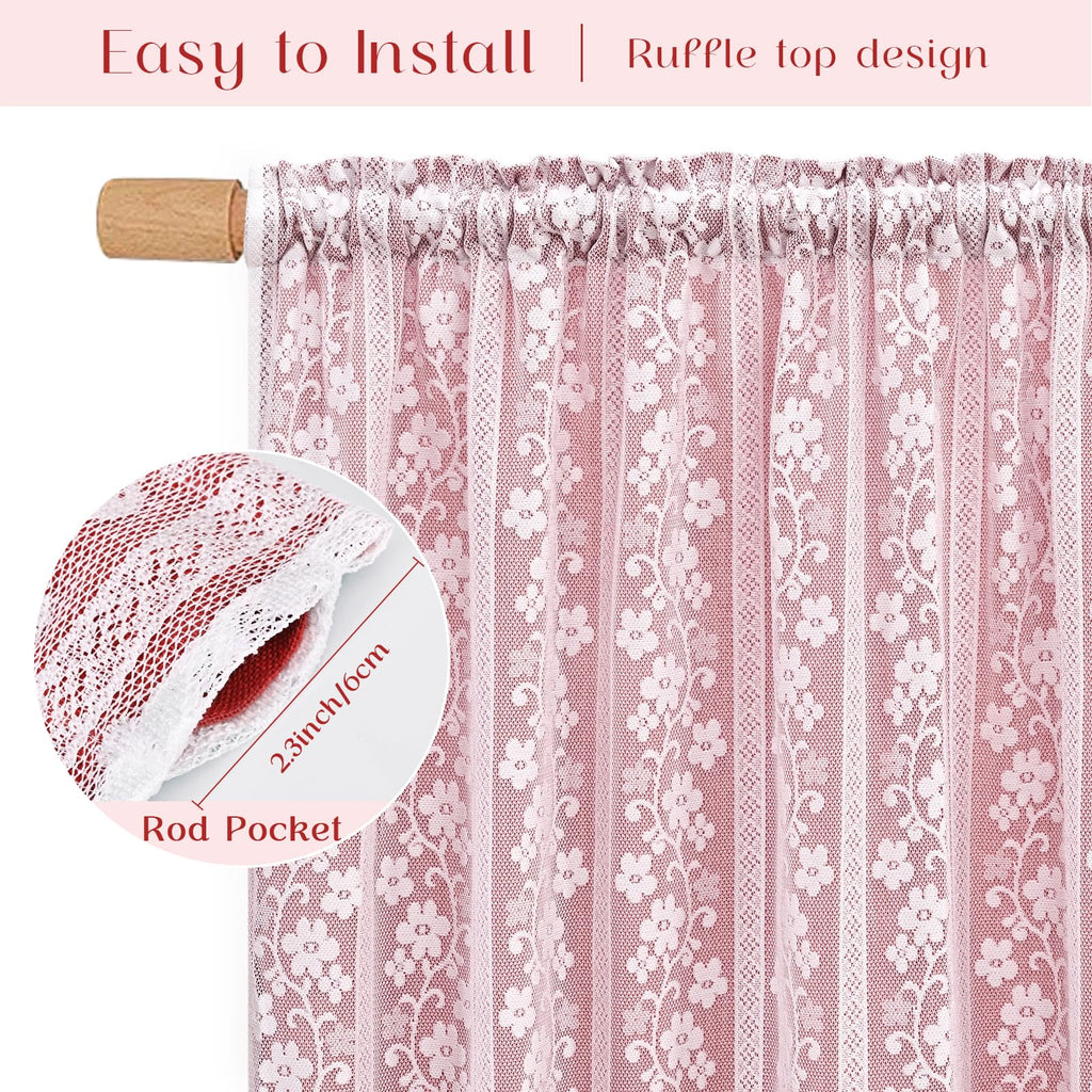 Linen Curtains Double Layers Curtains Farmhouse Window Curtain with Linen Lace, Light Filtering Curtain 63 Inch