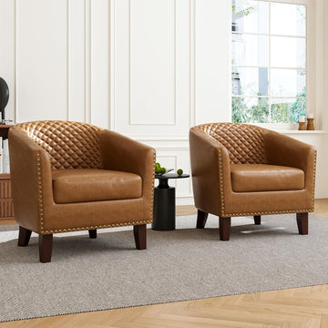 Faux Leather Barrel Accent Chair with Nailhead, Light Browm - Set of 2