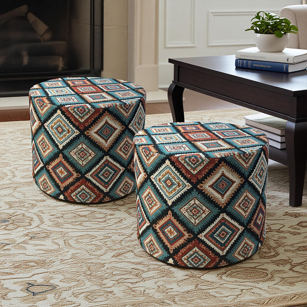 Pouf Ottoman Footrest Boho Embroidered Stuffed Round Pouf, 20" Tribal Geometric Accent Decor, Removable Cover & Firm