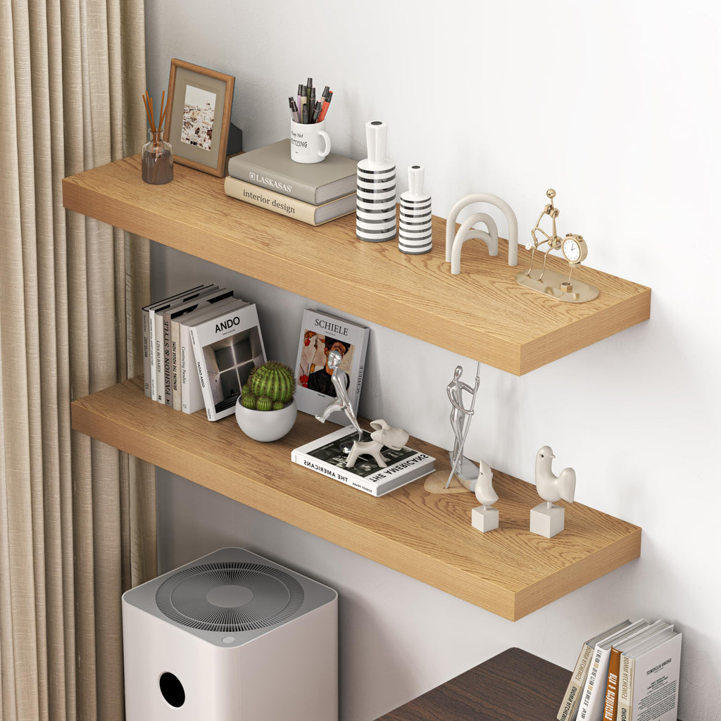 48" Floating Shelves for Wall, 12" Deep Thicker Oak Floating Shelves, Wall-Mounted Shelves - Set of 2