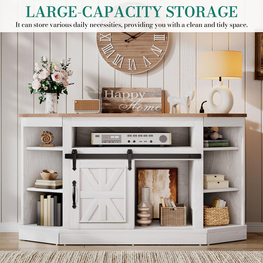 Corner TV Stand with Sliding Barn Door & Power, Storage, Grey Wash