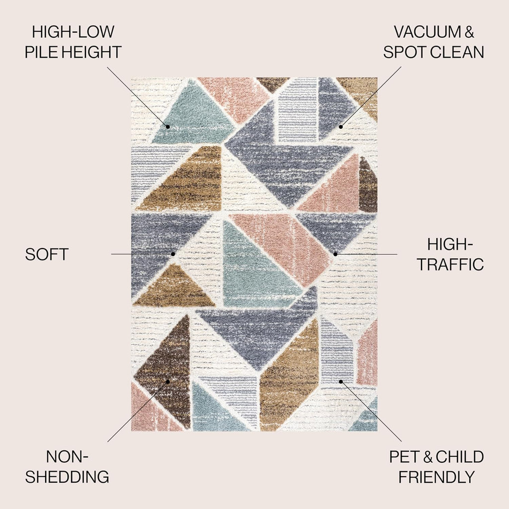 Colorblock Carved High-Low Multi Indoor Area Rug 3X5 ft, Aileen Geometric Scandi, Easy-Cleaning, High Traffic