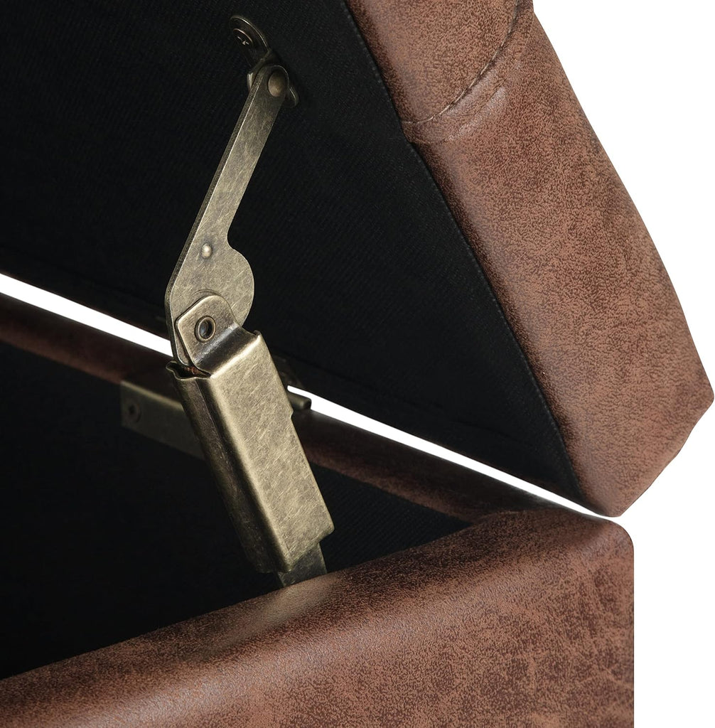 Harrison 36" Wide Vegan Leather Lift Top Ottoman in Saddle Brown | Distressed saddle brown, transitional lift-top