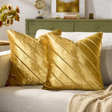 Decorative Gold Velvet Stripe Throw Pillow Covers 18x18 Set of 2