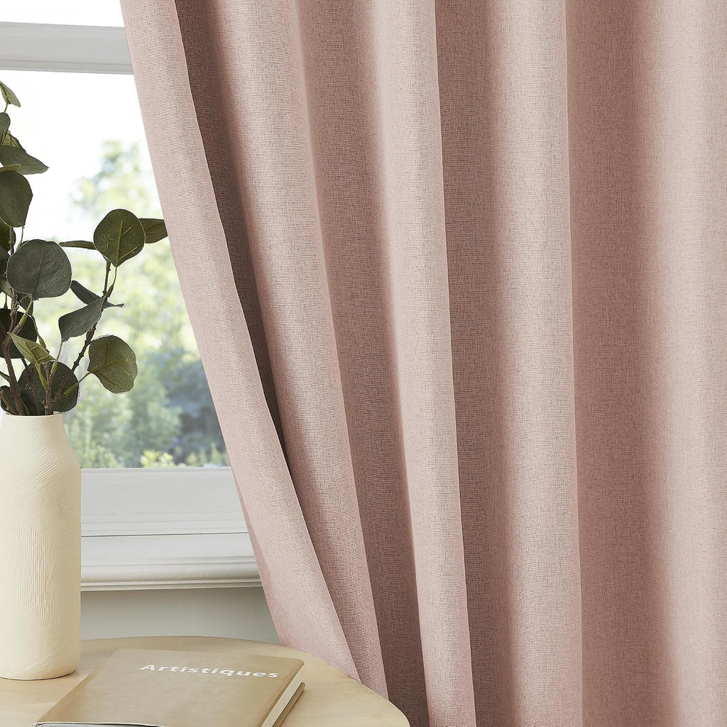 Cute Dusty Pink Blackout Linen Curtains 92 Inches Long - Rose Blush Pinch Pleat Track Curtains Blackout with Hooks