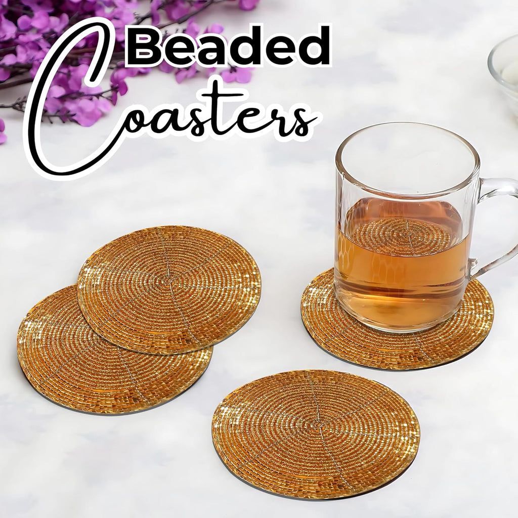 Beaded Farmhouse Coasters - 4" Round Boho Drink Coasters, Absorbent Table Décor for Bar, Parties, Fall, Gold - Set of 4