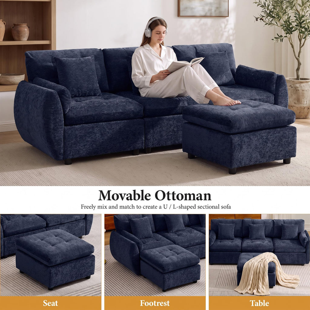 24" Square Modular Ottoman for Sectional Sofa, Tufted Chenille Upholstered Footrest, Cloud Sofa Ottoman, Blue
