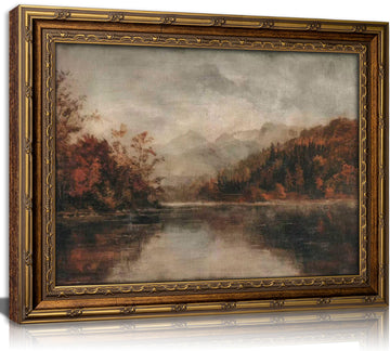 Vintage Gold Framed Canvas Wall Art Autumn Fall Natural Lake Panoramic Painting Picture Wall Decor Moody Countryside