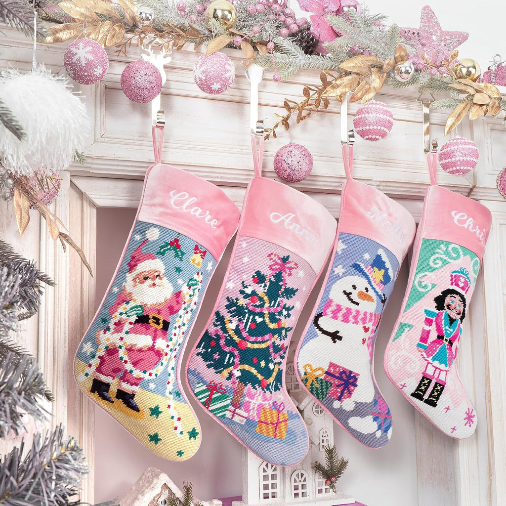 Needlepoint Christmas Stockings Personalized Snowman Santa Nutcracker Christmas Tree Embroidered Family Stockings