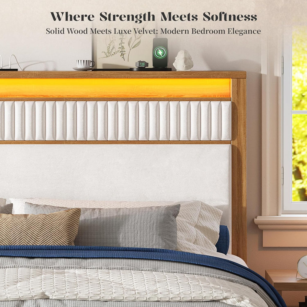 Solid Wood Queen Size Bed Frame with Storage Headboard & LED Lights