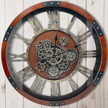 27" Original Moving Gears Wall Clock, Large Industrial Wall Clock Decor, Retro Metal Wood Vintage Farmhouse Steampunk