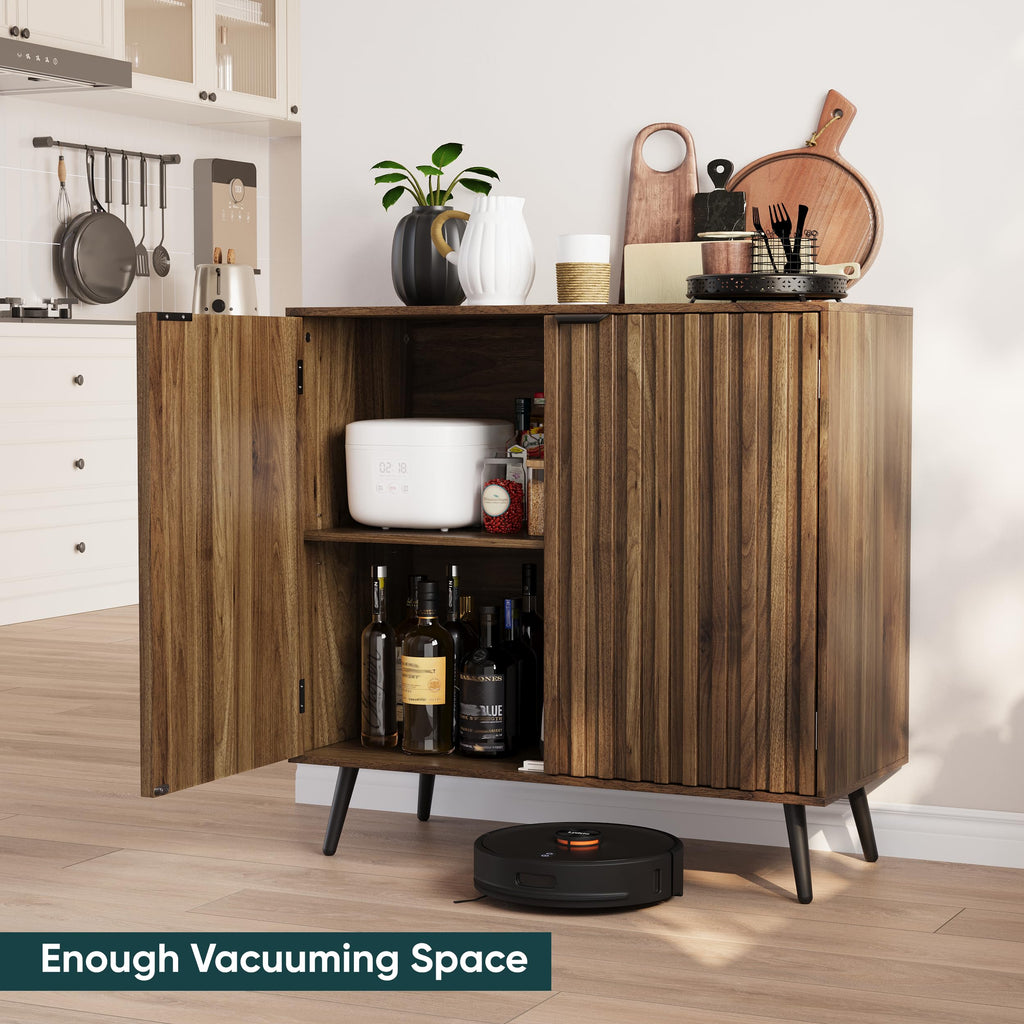 Walnut Buffet Cabinet with Storage, Sideboard Cabinet with Fluted Doors and Metal Legs, Storage Cabinet with