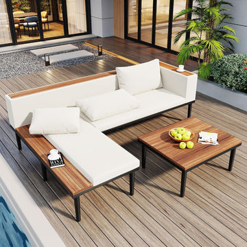 3 Pieces Acacia Wood Sectional Patio Sofa with Coffee Table, Outdoor L-Shaped Sectional Sofa with Side Table