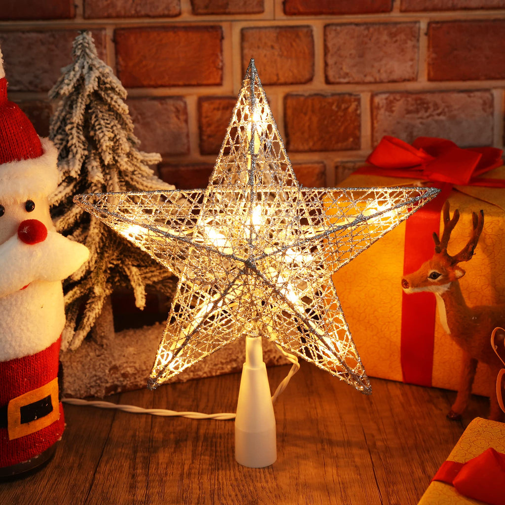 Silver Christmas Tree Topper, 9" Xmas Tree Star with 10 Lights
