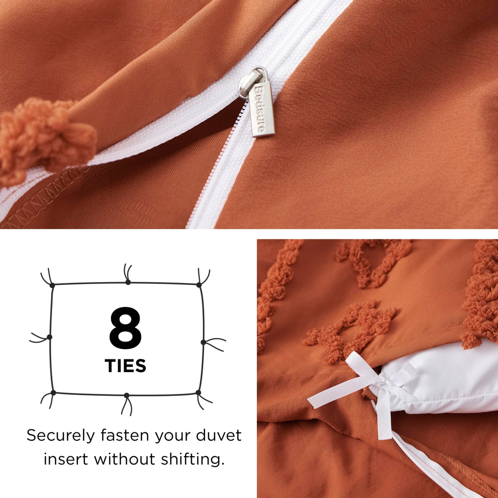 Boho Duvet Cover Queen, Tufted Embroidery, 3-Piece, Terracotta