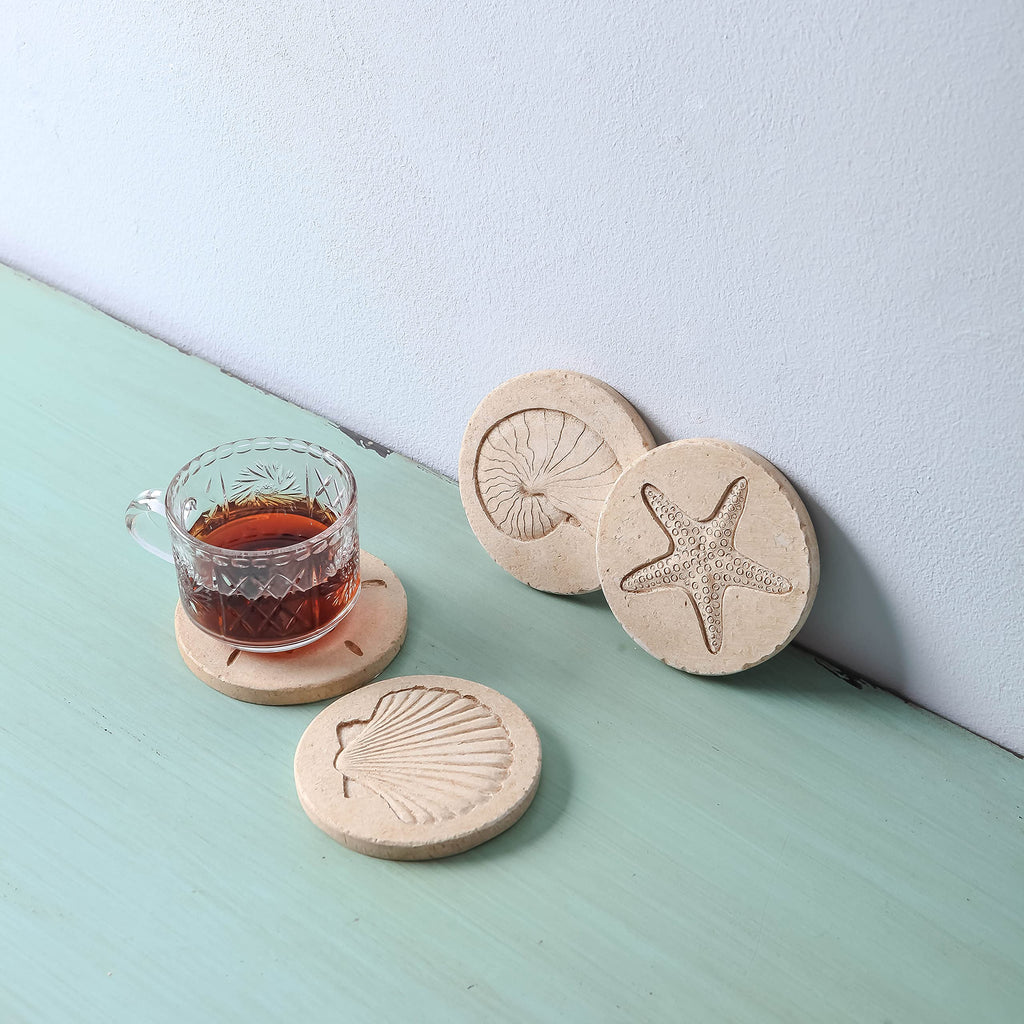 Beach Coasters for Drink 4PCS Absorbent Starfish Seashell Round Coasters