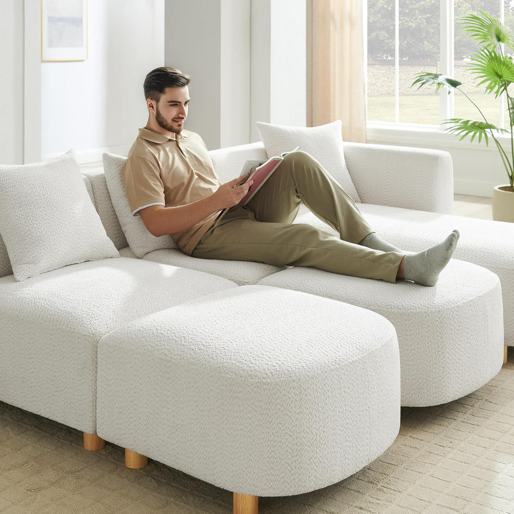 VANOMi 109.84" Modular Sectional Sofa with 3 Pillows, Convertible 5-Seater Comfy Boucle Cloud Couch with Ottoman