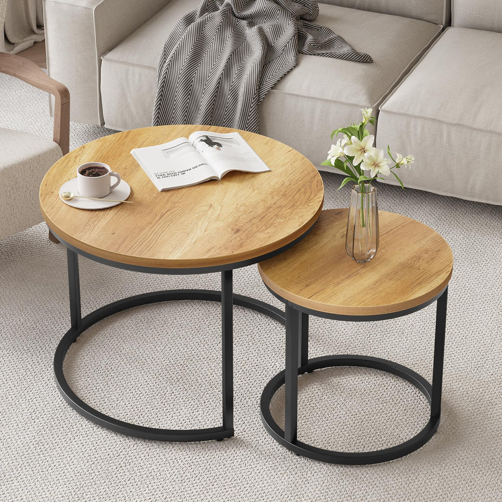 Nesting Coffee Set of 2, 23.6" Round Coffee Brown Wood with Adjustable Non-Slip Feet, Industrial End Side Tables