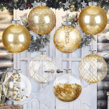 8 Set Clear Large Christmas Ball Ornament 6" Glitter Champagne Gold