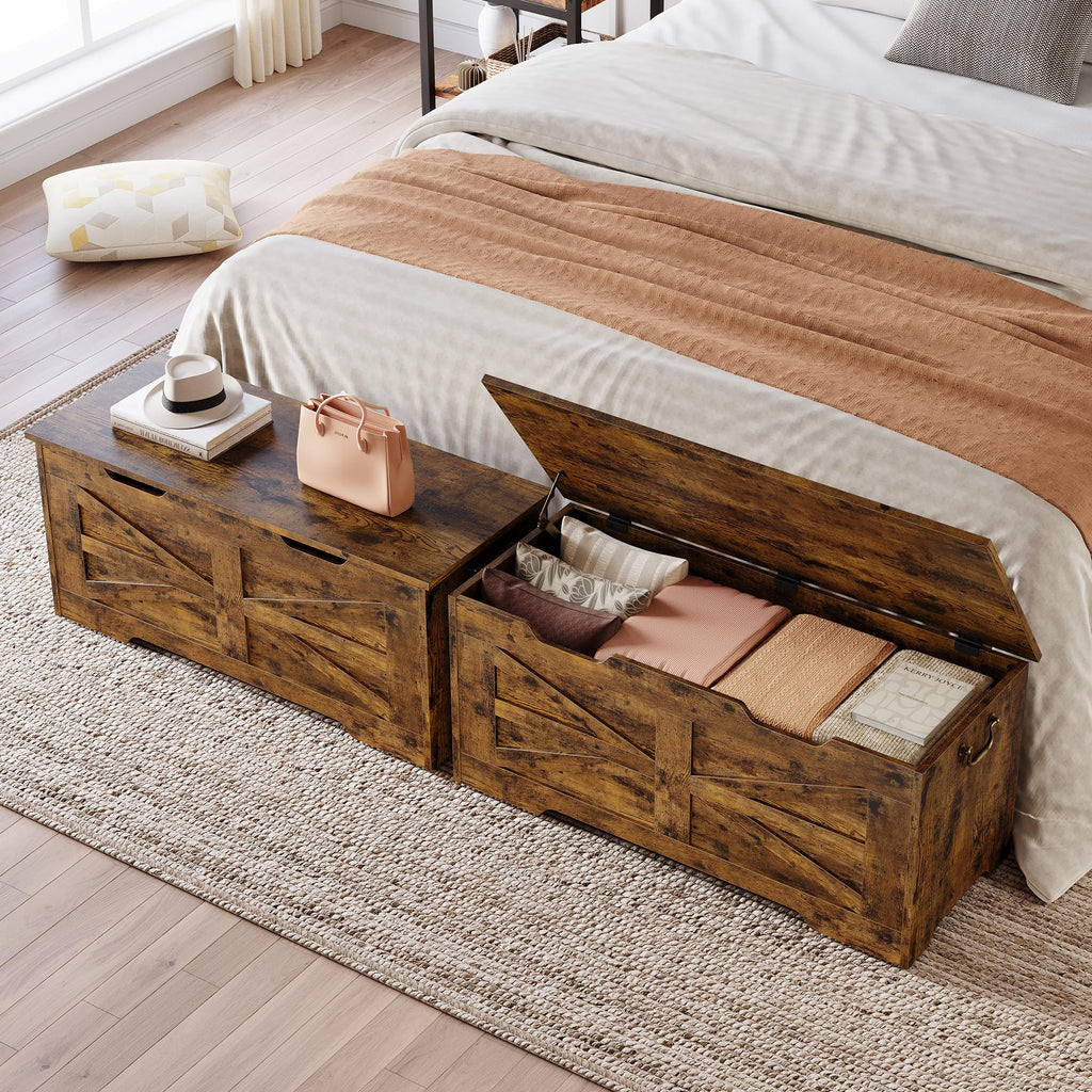 39.4" Storage Chest, Wooden Storage Bench with Safety Hinge, Retro Blanket Storage Trunk, Supports 350 lb, Rustic