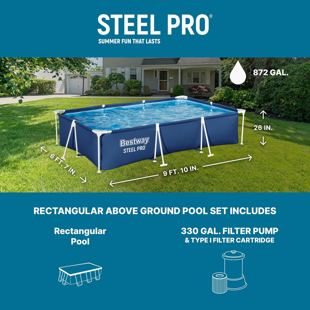 Steel Pro 9.8' x 6.6' x 26" Above Ground Pool, Rectangular Metal Frame Outdoor Swimming Pool Set with Filter Pump &