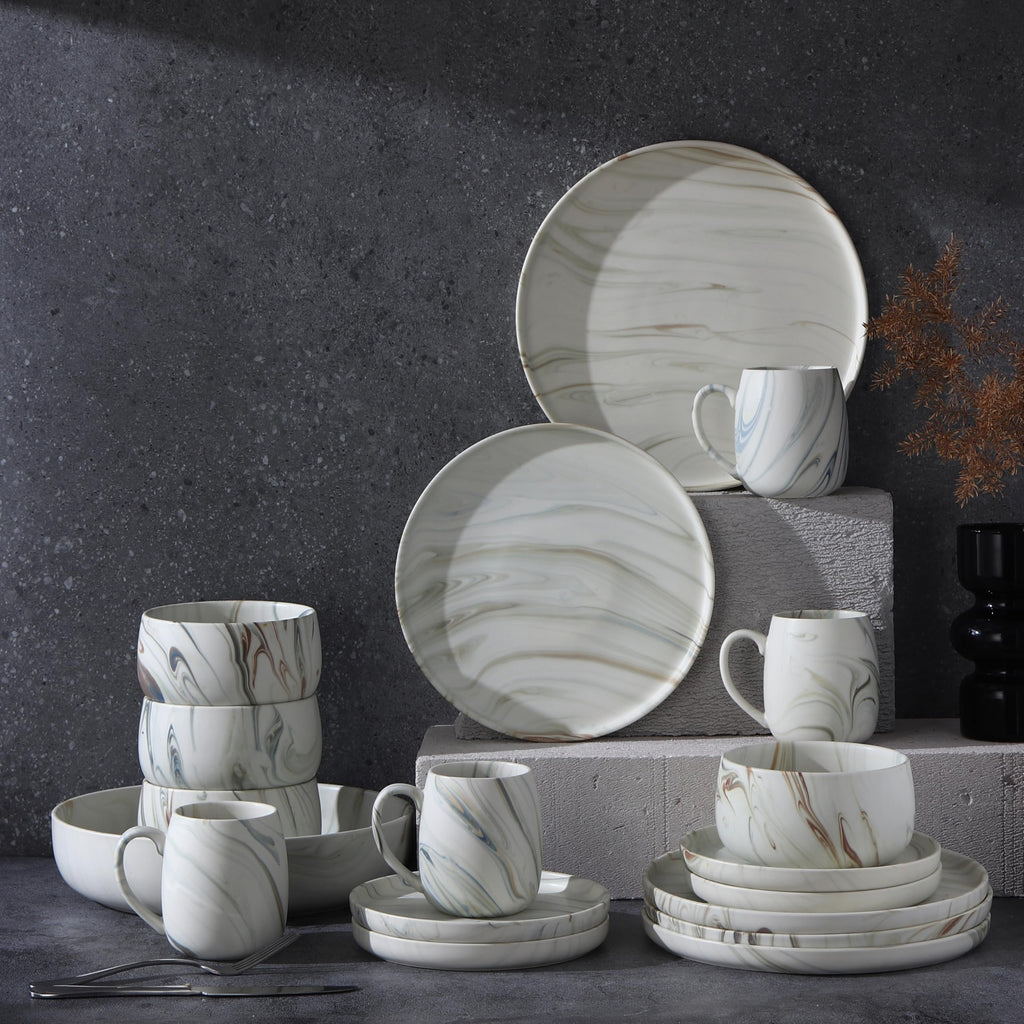 Marble Pattern Dinnerware Set, 16 Piece Service for 4, Includes 10.5" Dinner Plates, 7.75" Salad Plates, 32 oz Bowls